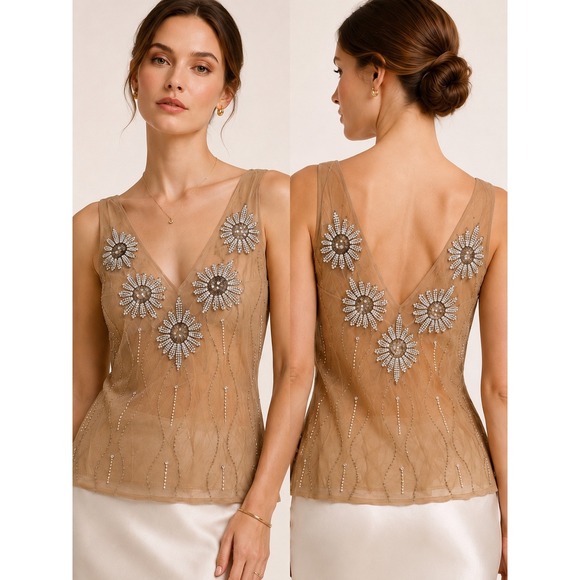 Tracy Reese Tops - Tracy Reese New York Beaded Silk Mesh Tank Top Tan Floral Rhinestone Size 4